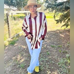 New! The “ Lou” Wide Stripes Burgundy and Ivory Button Down Blouse